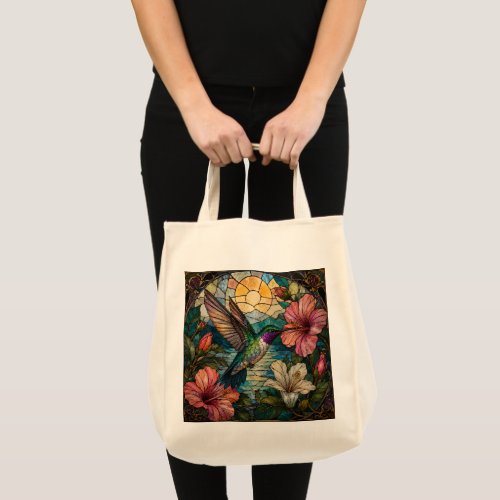 Colorful Stained Glass Hummingbird Floral Tote Bag
