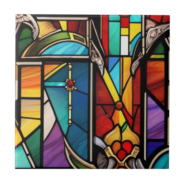 Colorful Stained Glass Inspired Pattern Ceramic Tile (Front)