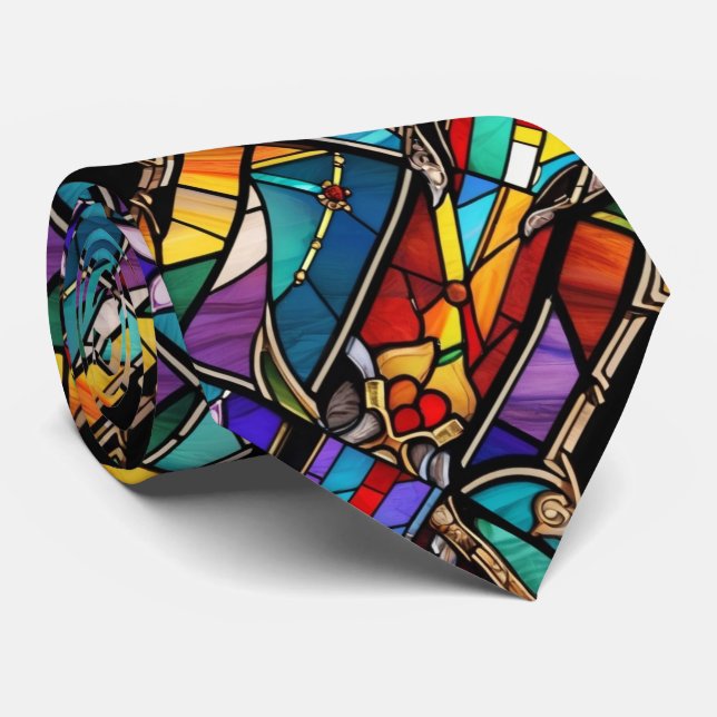Colorful Stained Glass Inspired Pattern Neck Tie (Rolled)