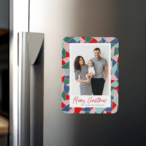 Colorful Stained Glass Merry Christmas Photo Magnet
