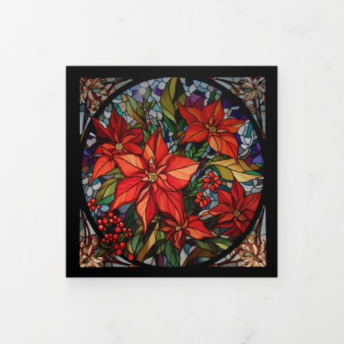 Colorful Stained Glass Poinsettias  Holly Photo Tri_Fold Holiday Card