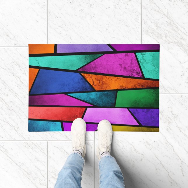 Colorful Stained Glass Purple Blue Teal Door Mat (Indoor)