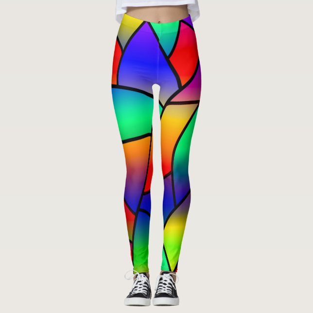 Colorful Stained Glass Red, Blue, Purple, Yellow Leggings (Front)