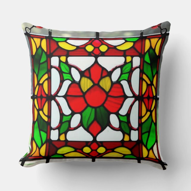 Colorful Stained Glass Red Flower Throw Pillow (Front)