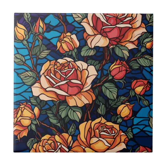Colorful Stained Glass Roses Botanical  Ceramic Tile (Front)
