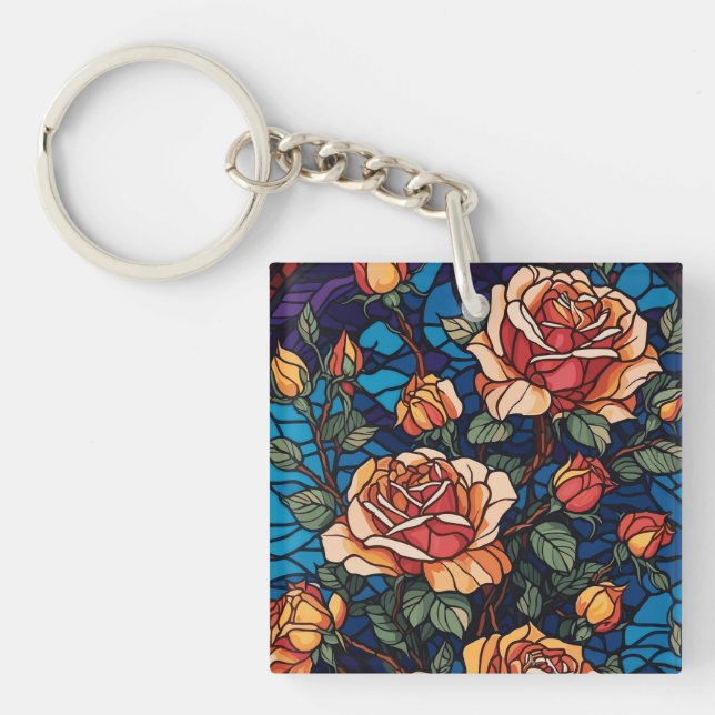 Colorful Stained Glass Roses Botanical  Keychain (Front)