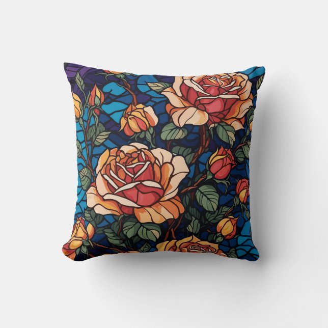 Colorful Stained Glass Roses Botanical  Throw Pillow (Front)