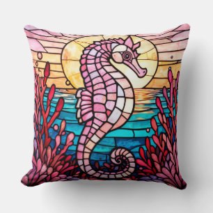 Colorful Stained Glass Seahorse with Vibrant Coral Throw Pillow