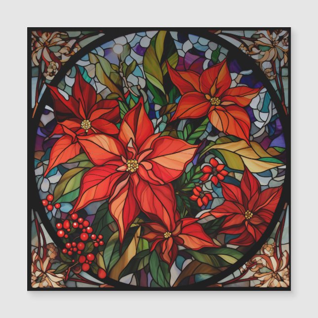 Colorful Stained Glass Style Poinsettias & Holly (Front)