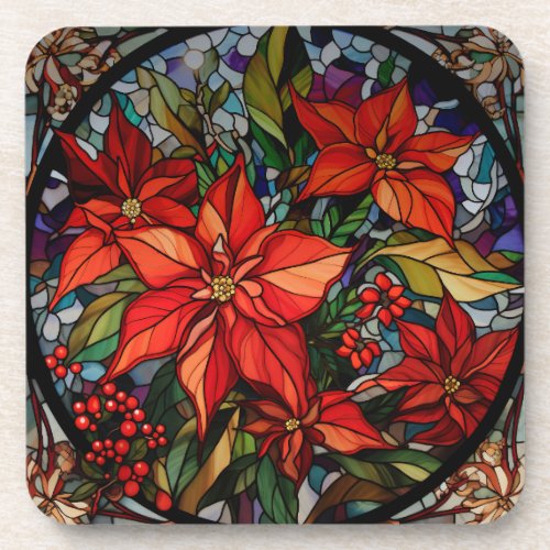 Colorful Stained Glass Style Poinsettias  Holly Beverage Coaster