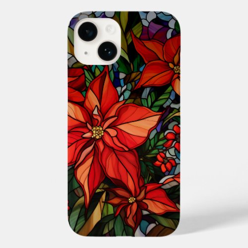 Colorful Stained Glass Style Poinsettias  Holly Case_Mate iPhone 14 Case