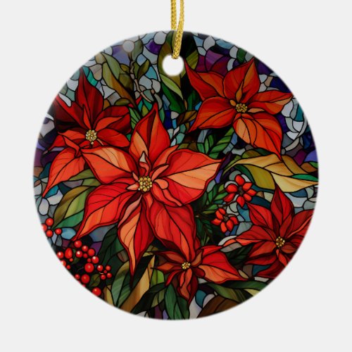 Colorful Stained Glass Style Poinsettias  Holly Ceramic Ornament