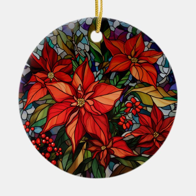 Colorful Stained Glass Style Poinsettias & Holly Ceramic Ornament (Front)