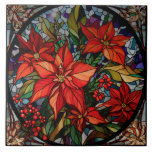 Colorful Stained Glass Style Poinsettias & Holly Ceramic Tile<br><div class="desc">Lush colorful jewel-toned stained glass style deep red poinsettias and holly with hunter green and gold foliage and circular black border.</div>