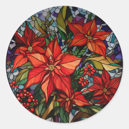 Colorful Stained Glass Style Poinsettias  Holly Classic Round Sticker