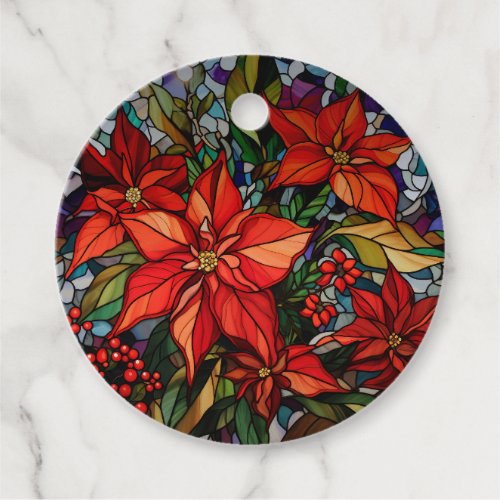 Colorful Stained Glass Style Poinsettias  Holly Favor Tags
