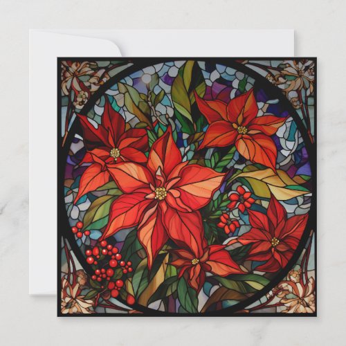 Colorful Stained Glass Style Poinsettias  Holly Holiday Card