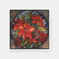 Colorful Stained Glass Style Poinsettias & Holly