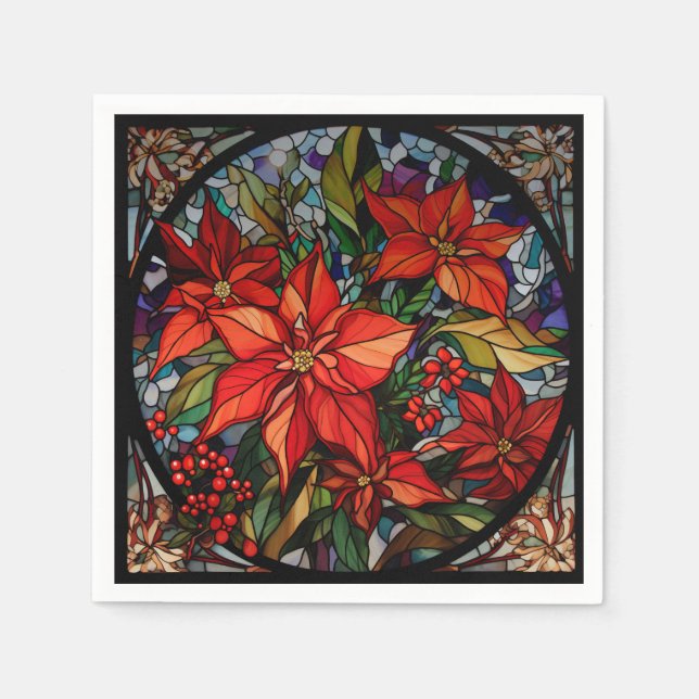 Colorful Stained Glass Style Poinsettias & Holly Napkins (Front)