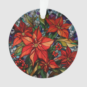 Colorful Stained Glass Style Poinsettias & Holly Ornament