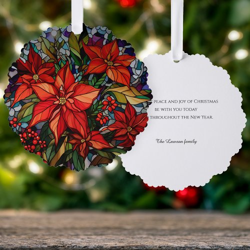 Colorful Stained Glass Style Poinsettias  Holly Ornament Card