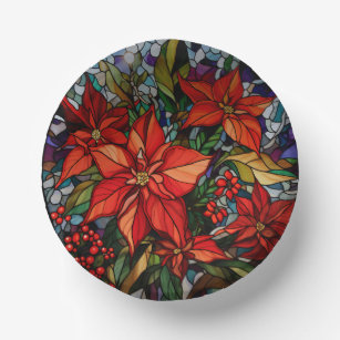 Colorful Stained Glass Style Poinsettias & Holly Paper Bowls