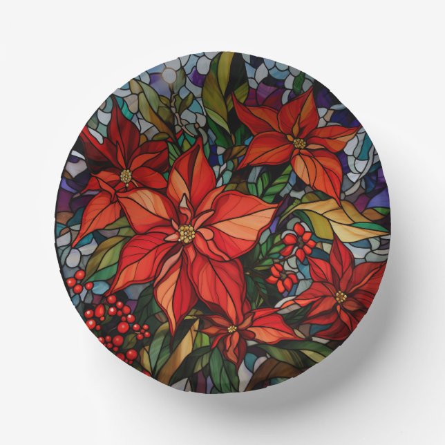 Colorful Stained Glass Style Poinsettias & Holly Paper Bowls (Front)