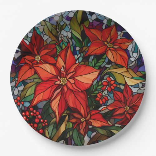 Colorful Stained Glass Style Poinsettias  Holly Paper Plates