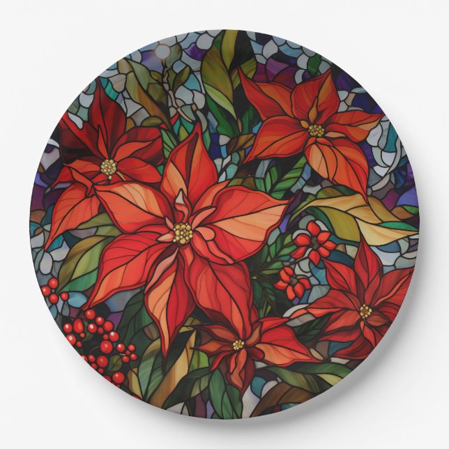 Colorful Stained Glass Style Poinsettias & Holly Paper Plates (Front)