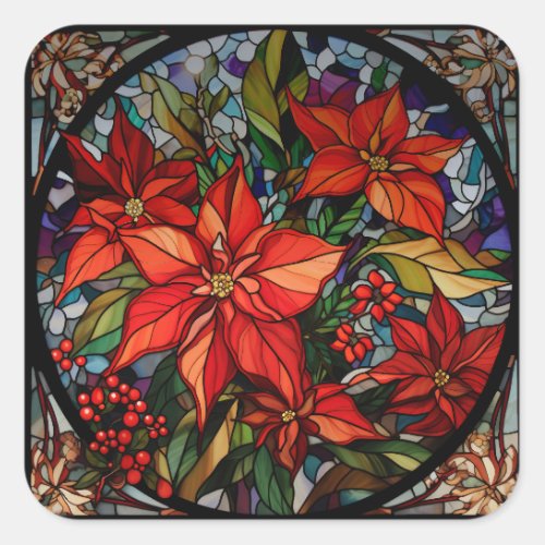 Colorful Stained Glass Style Poinsettias  Holly Square Sticker