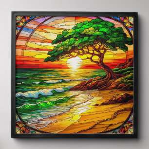 Colorful Stained Glass Sunset Over Beach Peel And Stick Photo Tile