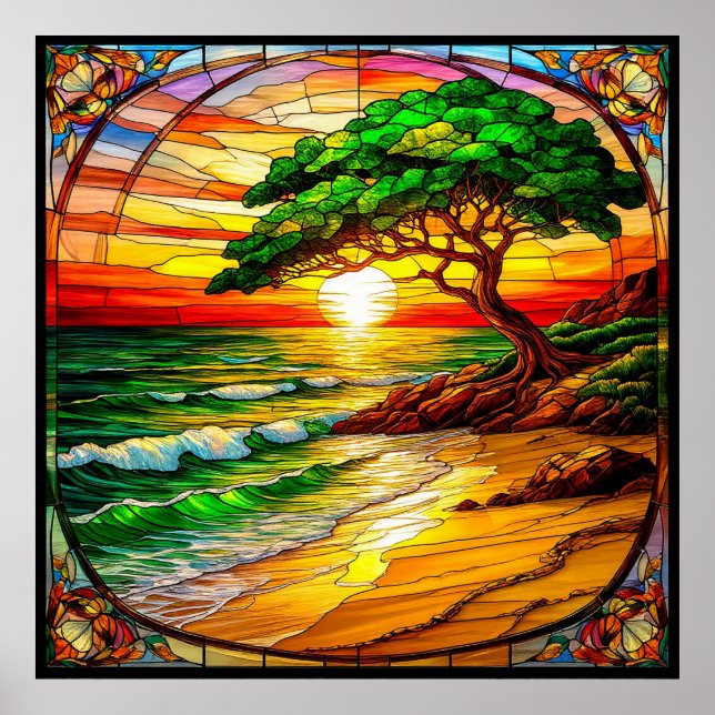Colorful Stained Glass Sunset Over Beach Poster (Front)