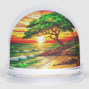 Colorful Stained Glass Sunset Over Beach Snow Globe