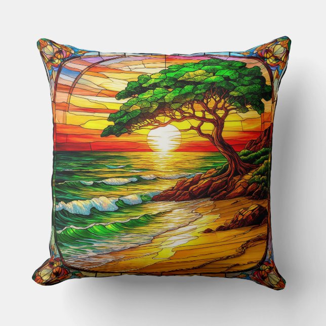 Colorful Stained Glass Sunset Over Beach Throw Pillow (Front)