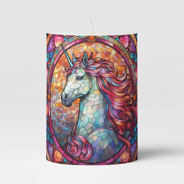 Colorful Stained Glass Unicorn Pillar Candle (Front)