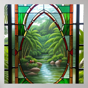 Colorful Stained Glass Window Nature Scene Poster