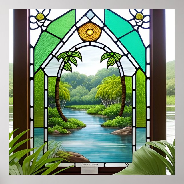 Colorful Stained Glass Window Nature Scene Poster (Front)