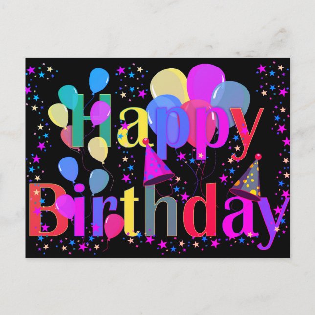 Colorful Star Confetti Happy Birthday Balloons  Postcard (Front)