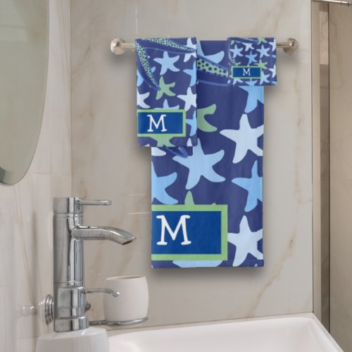 Colorful Star Fish Seamless Pattern Monogram  Bath Towel Set