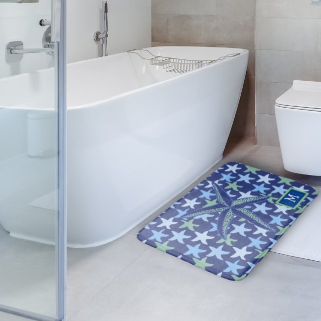 Colorful Star Fish Seamless Pattern With Monogram Bath Mat (Creator Uploaded)