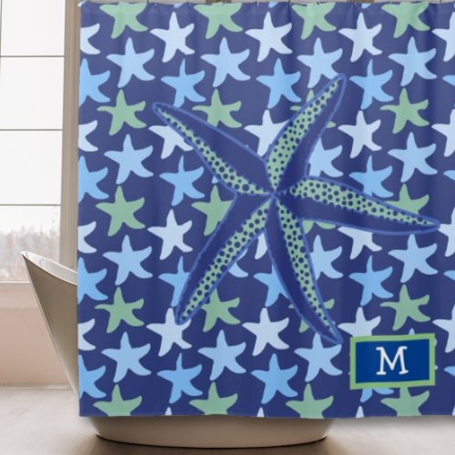 Colorful Star Fish Seamless Pattern With Monogram Shower Curtain