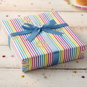Colorful Star of David Rainbow Thin Stripes Wrapping Paper