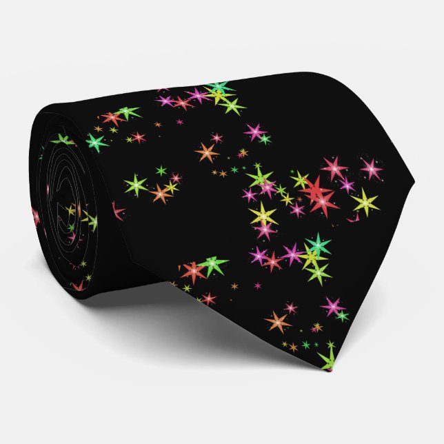 colorful star pattern on black neck tie (Rolled)
