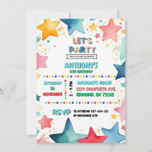 Colorful Star Theme 12th Birthday for Kids Invitation