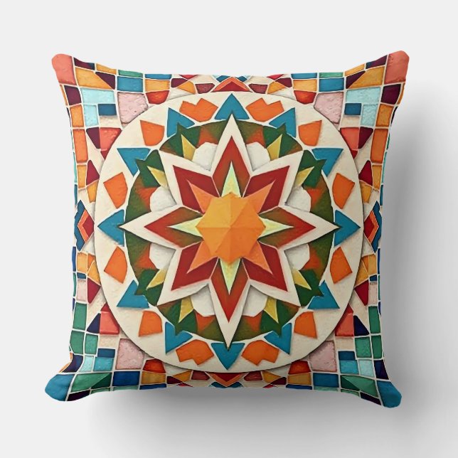 Colorful Starburst Mosaic Throw Pillow (Front)