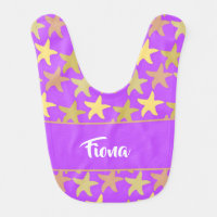 Colorful starfish on purple baby bib