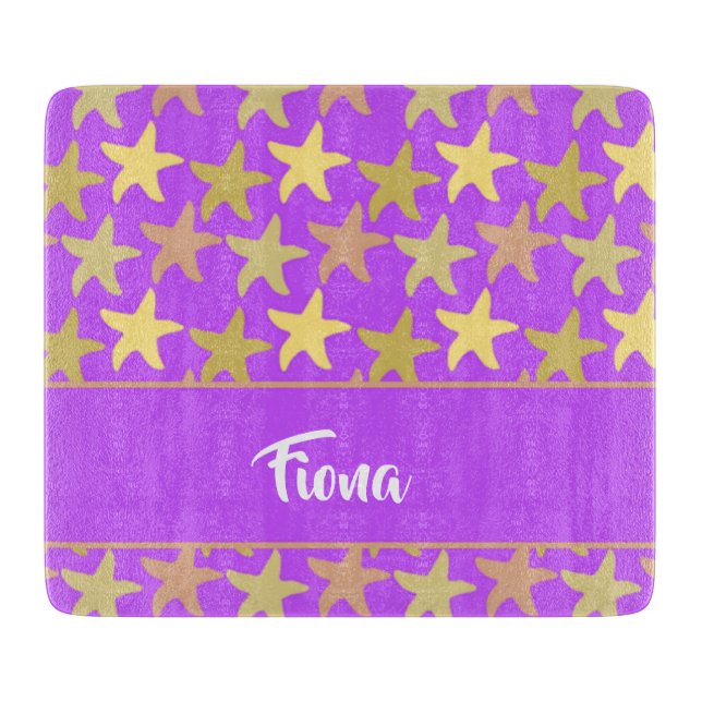 Colorful starfish on purple cutting board (Front)