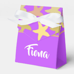 Colorful starfish on purple favor boxes