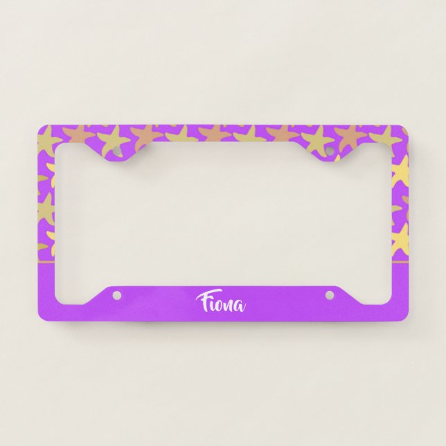 Colorful starfish on purple license plate frame (Front)