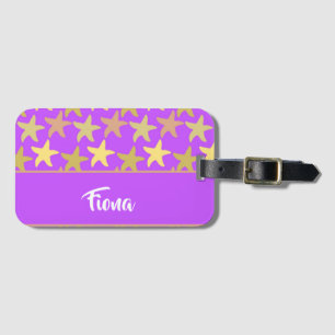 Colorful starfish on purple luggage tag